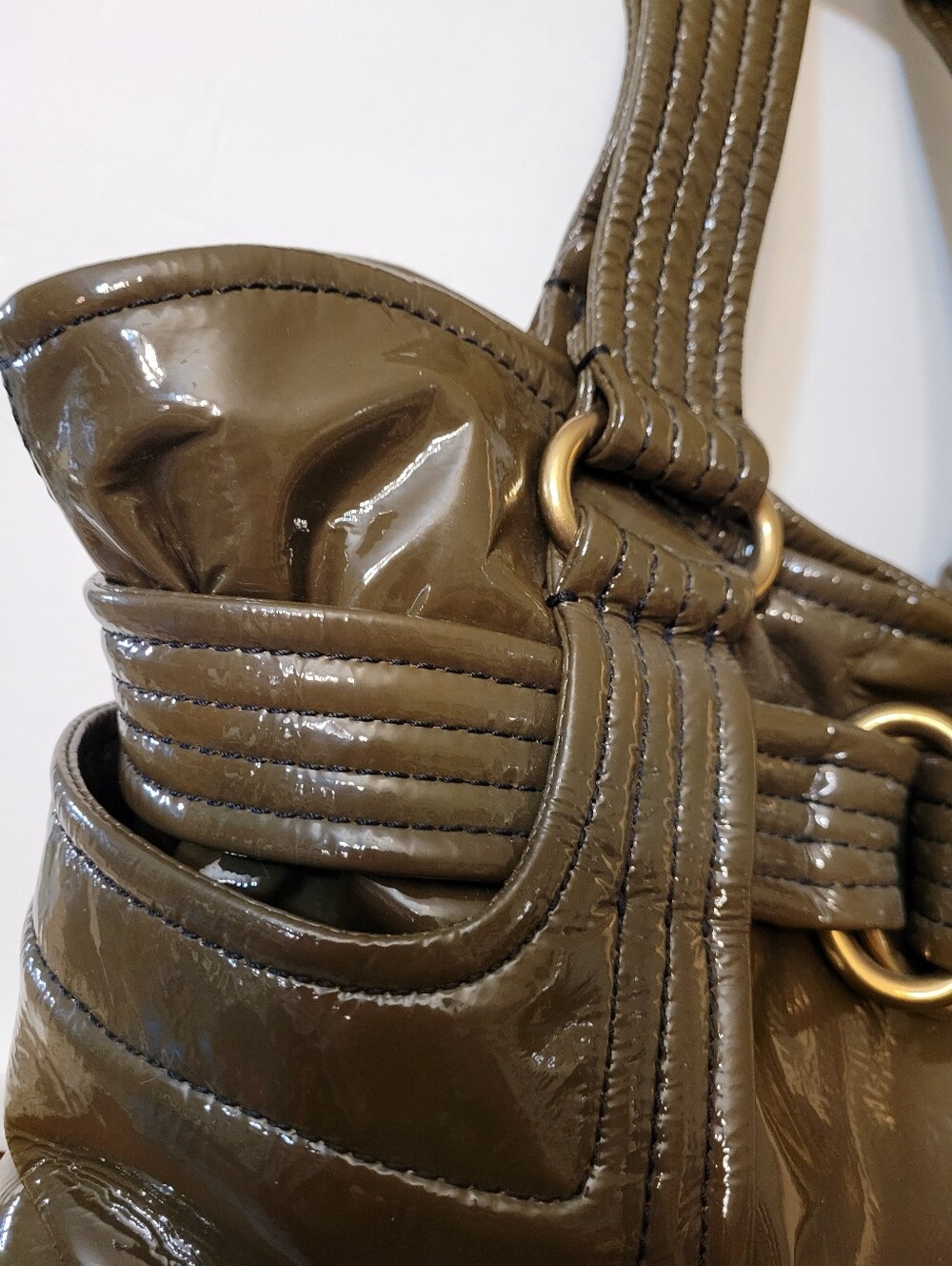 Vintage Kooba Glossy Patent Leather Olive Green Hobo Bag - Picture 9 of 11
